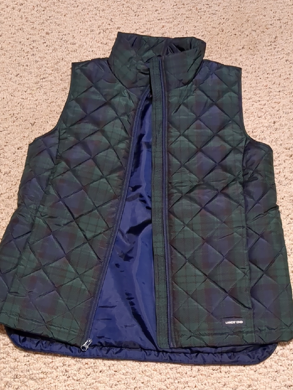 Lands' End Diamond-Quilted Plaid Vest in Green and Navy